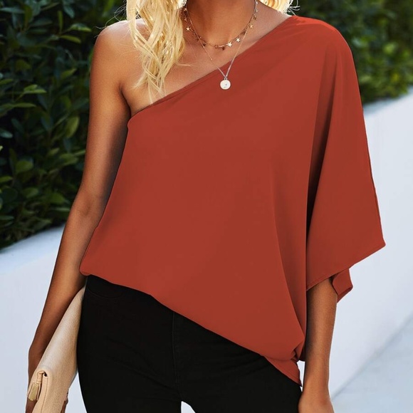 Boho Baby Blue One shoulder oversized solid Minimalist blouse - Picture 10 of 16